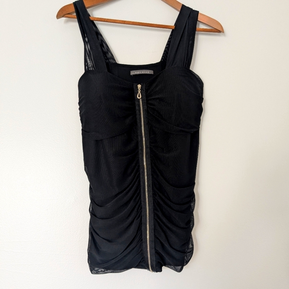 Suzy Shier Tank Top Sheer Straps Zipper Accent Womens Large Matrix Goth Emo